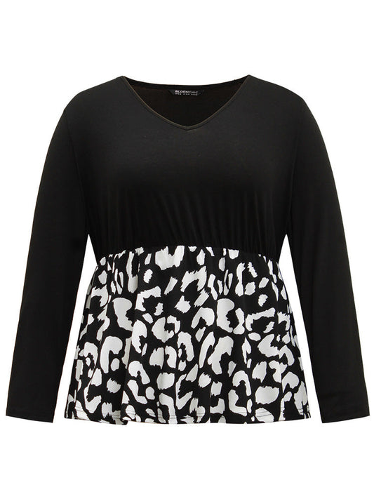 Leopard Print Patchwork Gathered T-shirt