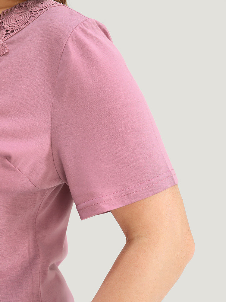 Solid Floral Patchwork Pleated Front T-shirt