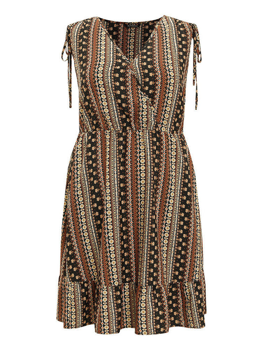 Bandana Print Wrap Pocket Drawstring Shoulder Ruffle Dress