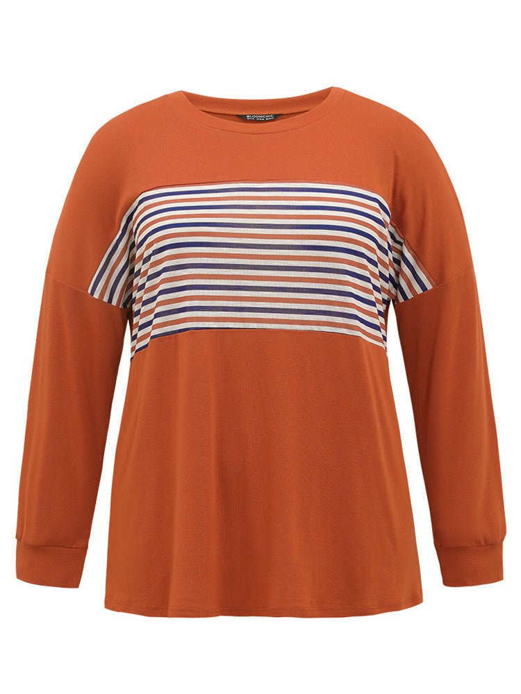 Halloween Striped Patchwork Round Neck Drop Shoulder T-shirt
