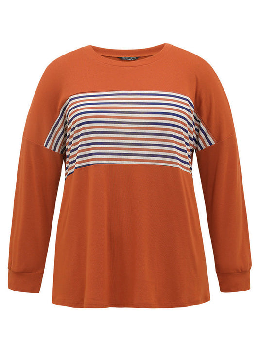 Halloween Striped Patchwork Round Neck Drop Shoulder T-shirt