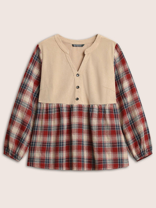Corduroy Patchwork Plaid Notched Button Detail Blouse