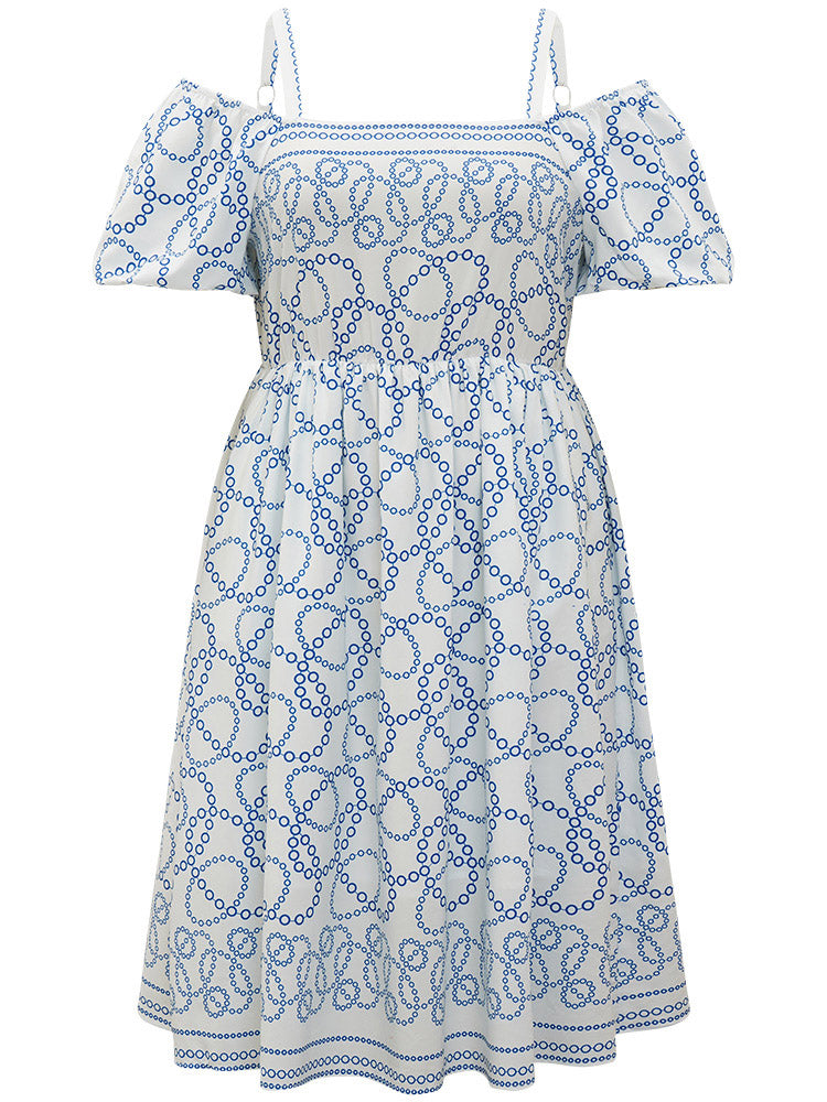 Geometric Print Cold Shoulder Pocket Elastic Waist Dress