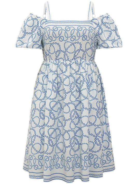 Geometric Print Cold Shoulder Pocket Elastic Waist Dress