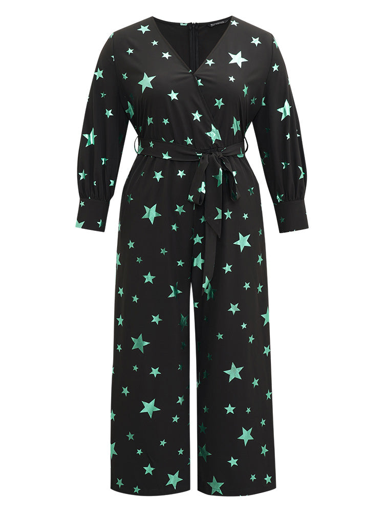 Star Glitter Belted V Neck Jumpsuit