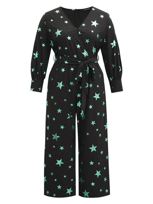 Star Glitter Belted V Neck Jumpsuit