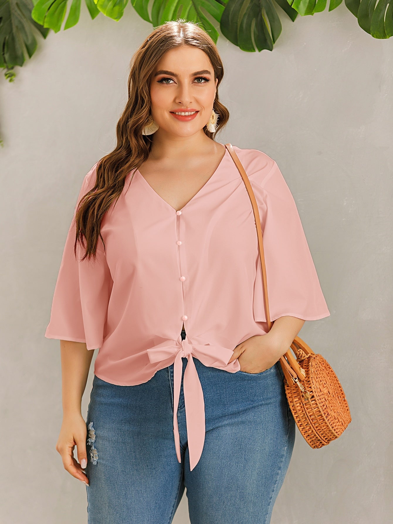 Solid Button Through Tie Front Blouse