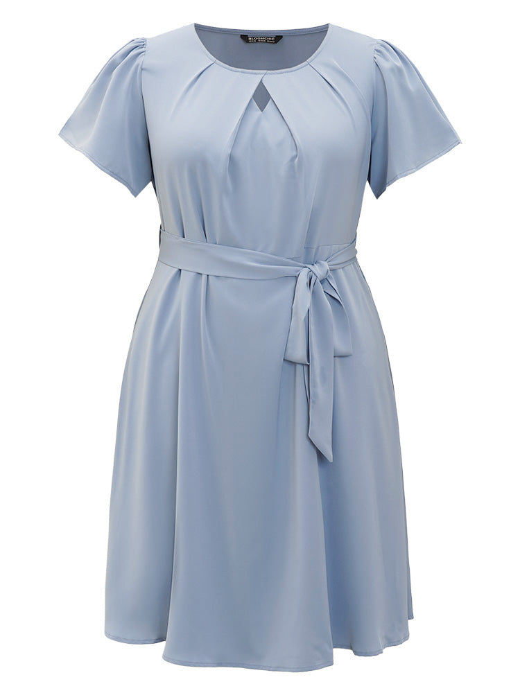 Anti-Wrinkle Plain Keyhole Pleated Ruffles Pocket Belt Dress