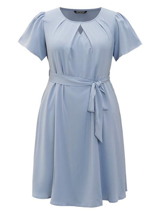 Anti-Wrinkle Plain Keyhole Pleated Ruffles Pocket Belt Dress