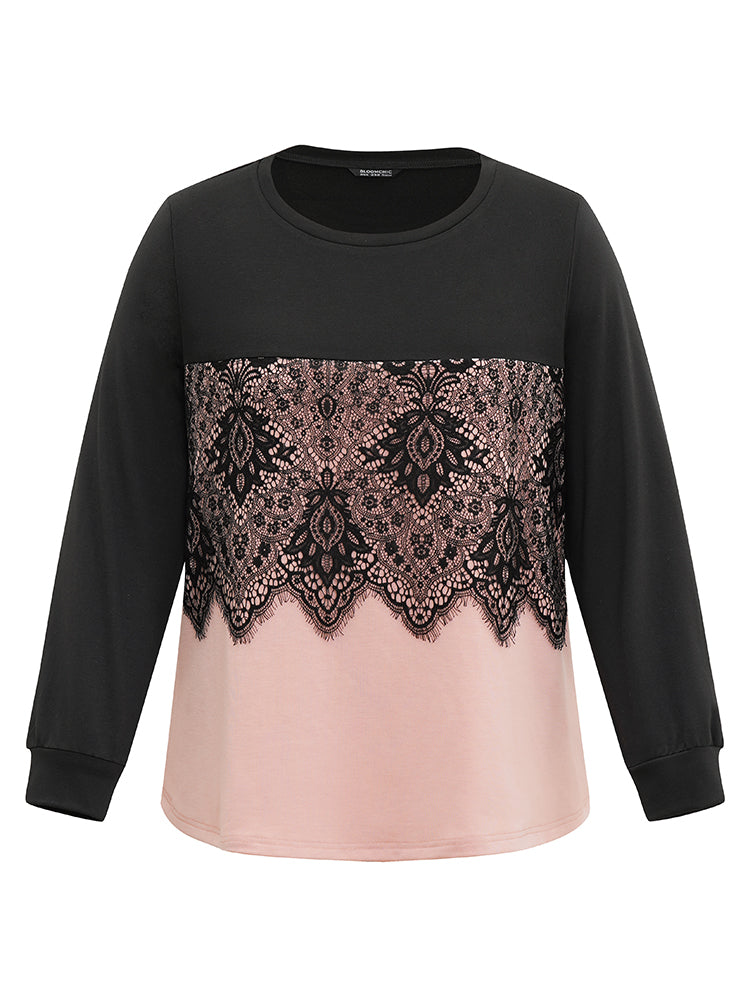 Contrast Eyelet Lace Crew Neck Sweatshirt