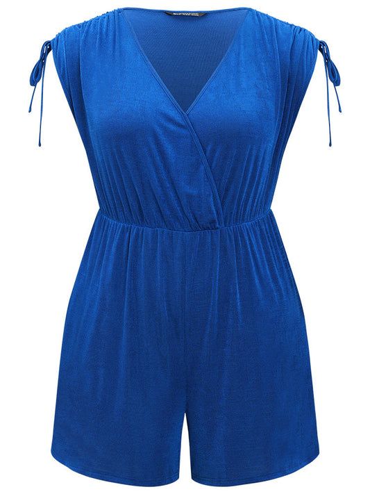 Solid Pocket Drawstring Surplice Neck Tank Jumpsuit