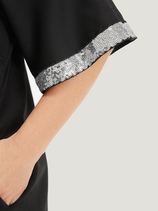 Sequin Patchwork Tassels Pocket Cold Shoulder Dress