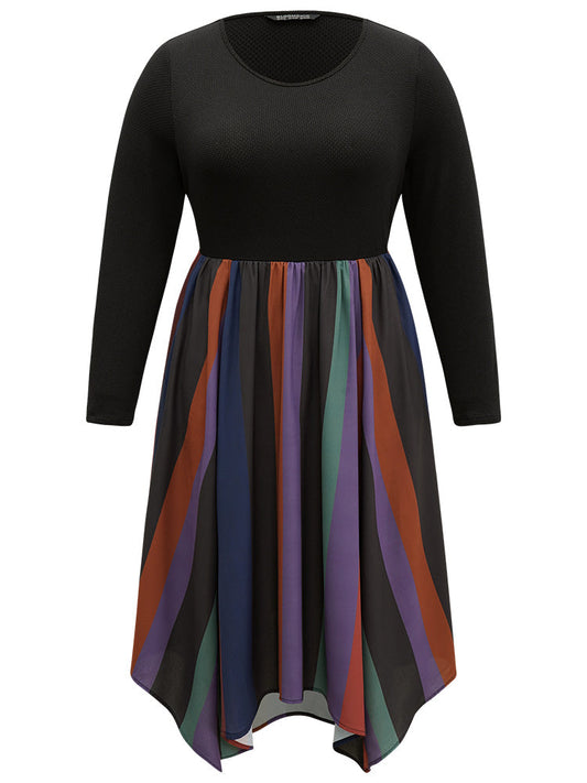 Striped Colorblock Contrast Pocket Elastic Waist Dress