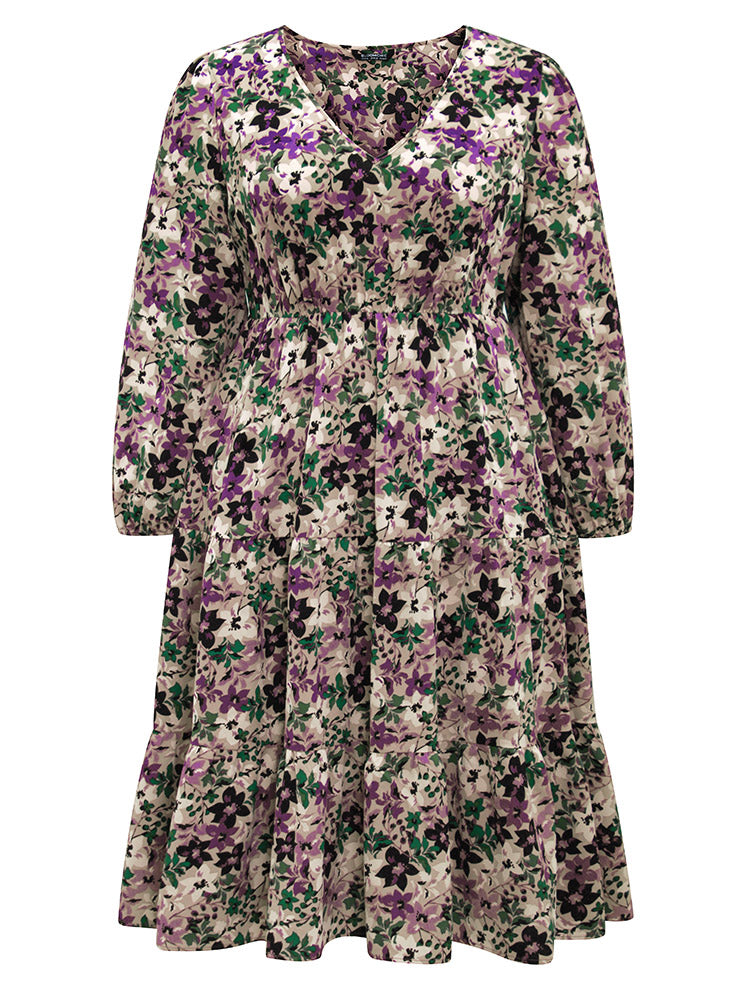 Floral Gathered Ruffle Layered Hem Dress