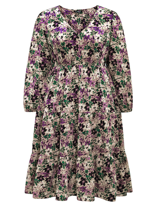Floral Gathered Ruffle Layered Hem Dress
