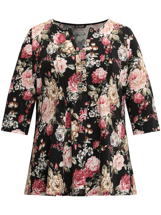 Floral Print Pleated Button Up T-shirt