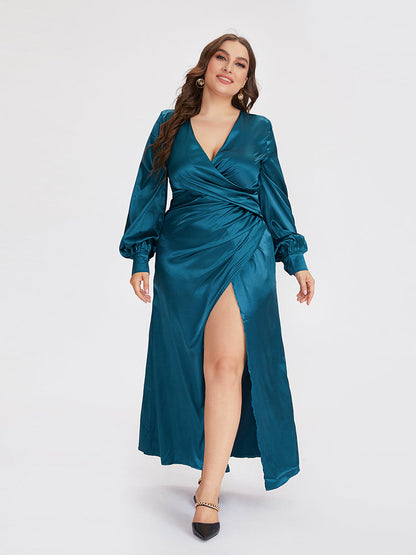 High Split Wrap V-neck Lantern Sleeve Dress