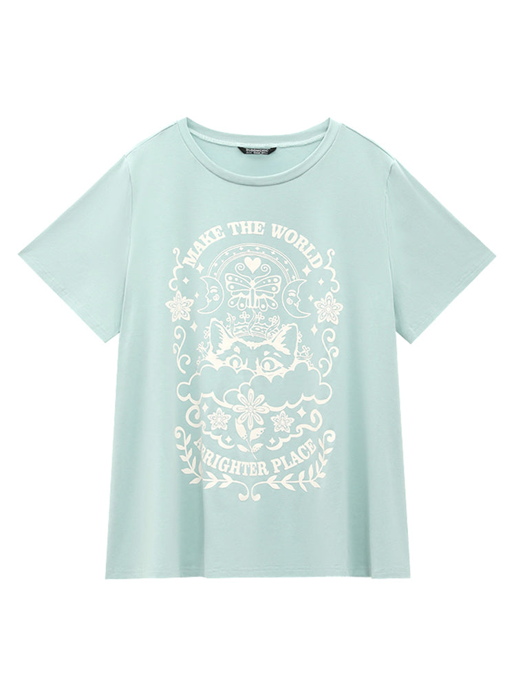 Cat & Moon Drop Shoulder  T-shirt