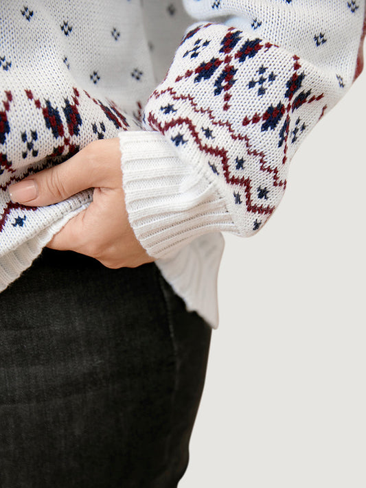 Elk & Snowflake Pointelle Knit Round Neck Knit Top