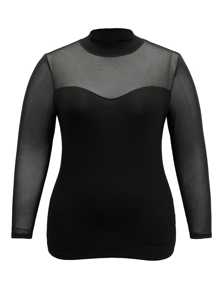 Halloween Plain Mesh Mock Neck Skinny T-shirt