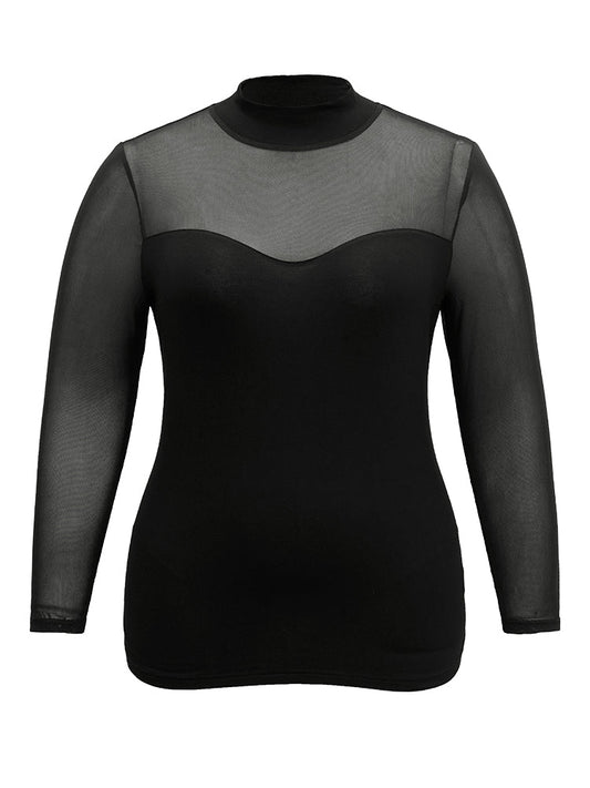 Halloween Plain Mesh Mock Neck Skinny T-shirt