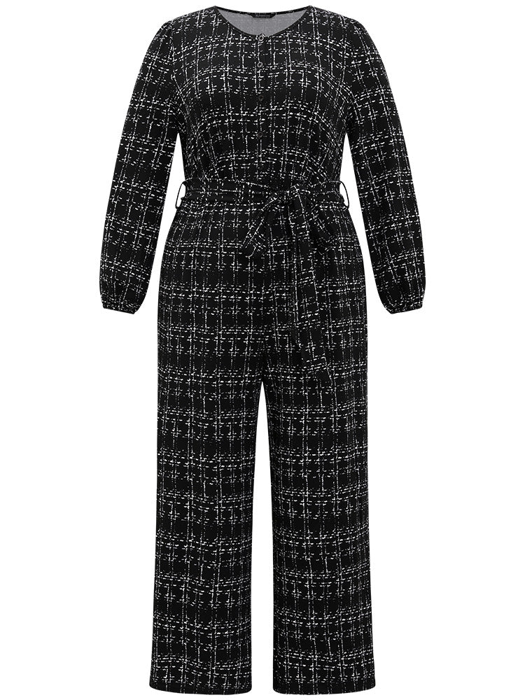 Textured Button Up Elastic Waist Belted Jumpsuit
