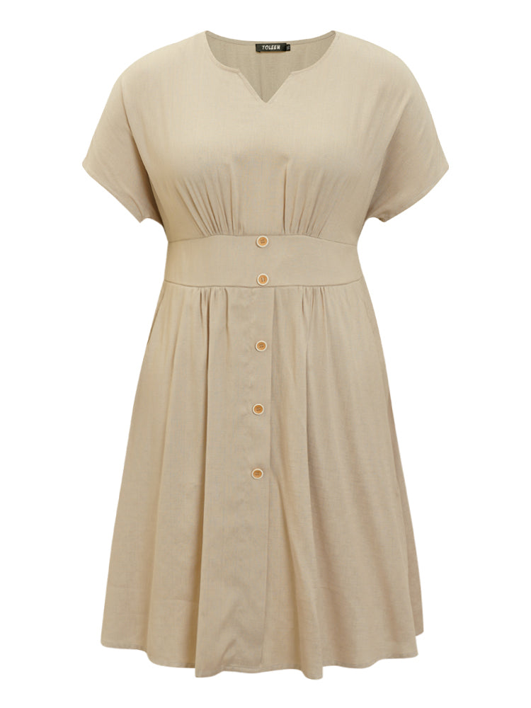 Plain Notched Button Detail Pocket Shirred Empire Waist Dress