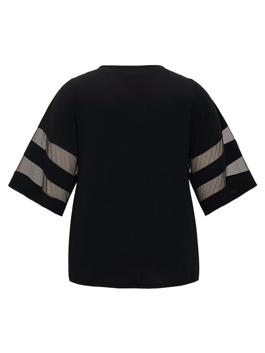 Solid Mesh Patchwork V Neck T-shirt