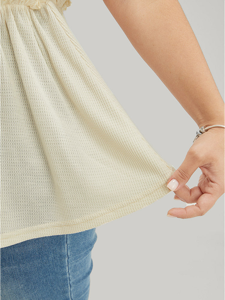 Plain Textured Frill Trim Button Detail Ruffle Hem T-shirt