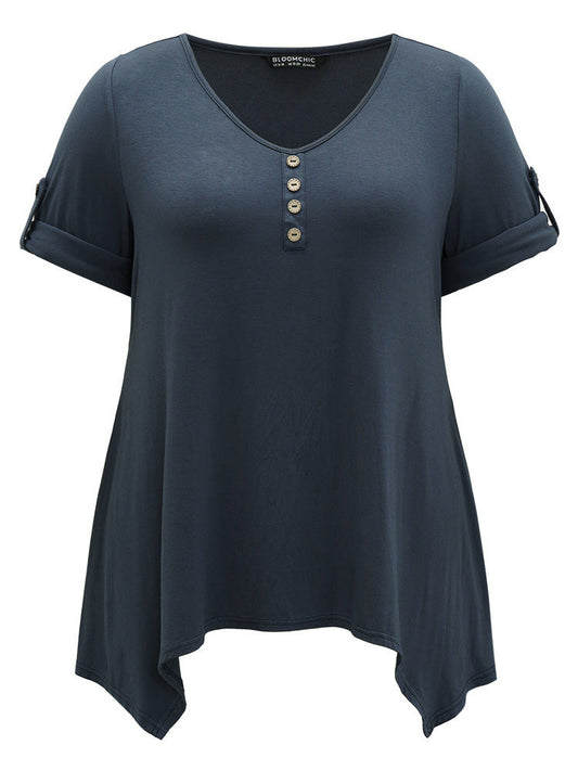 Supersoft Essentials Asymmetrical Hem Roll Sleeve Button Detail T-shirt