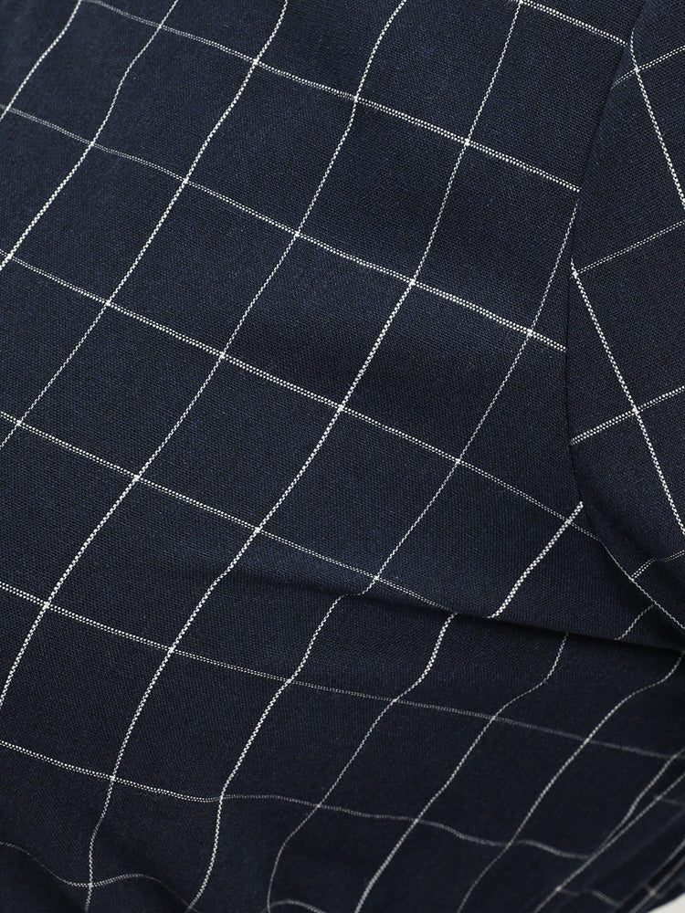 Plaid Round Neck Lantern Sleeve Drawstring Blouse