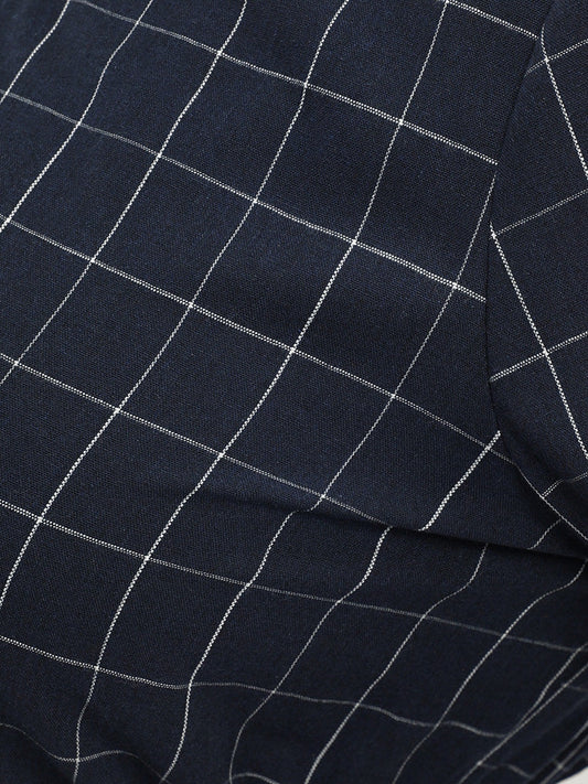 Plaid Round Neck Lantern Sleeve Drawstring Blouse