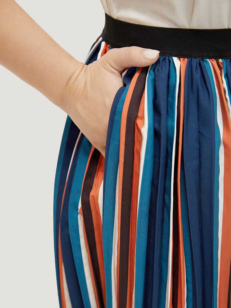 Striped Contrast Pocket Pleated Loose Skirt