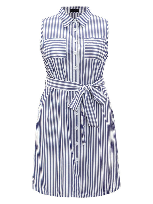 Striped Shirt Collar Button Through Belted Sleeveless Dress