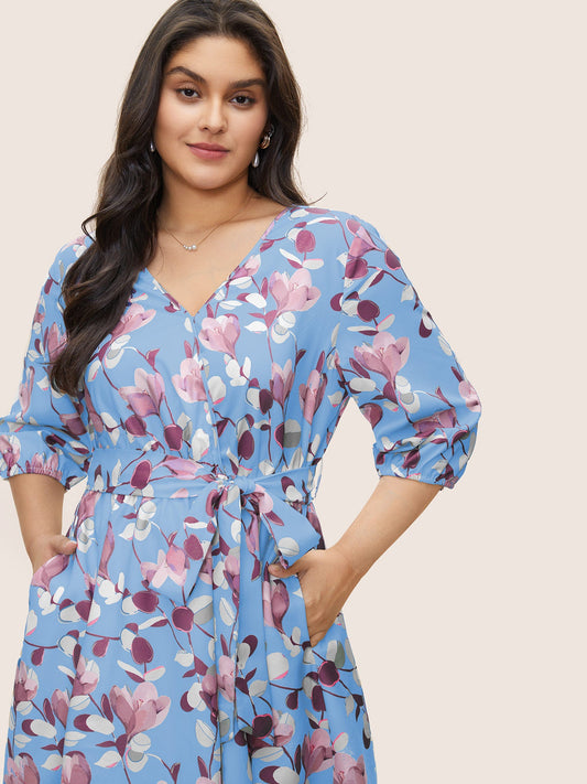 Floral Print Shirred Overlap Collar Belted Dress