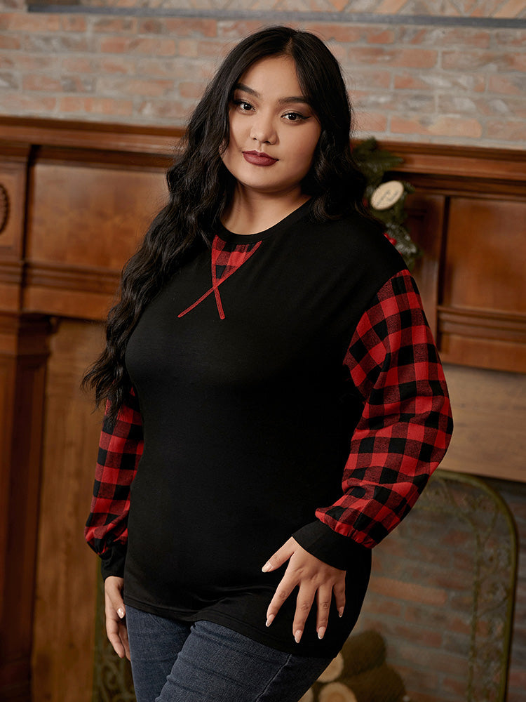 Plaid Sleeve Casual T-shirt