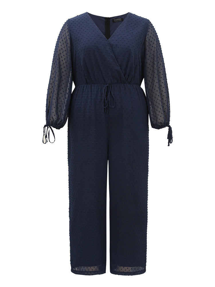 Polka Dot Mesh Ties Lantern Sleeve Jumpsuit