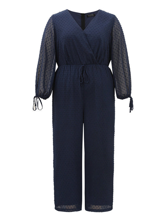 Polka Dot Mesh Ties Lantern Sleeve Jumpsuit