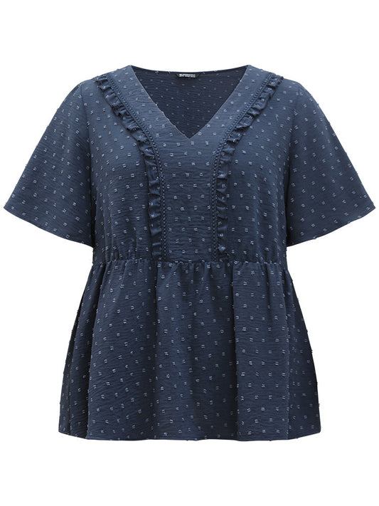 Plain Texture V Neck Lace Patchwork Frill Trim Blouse