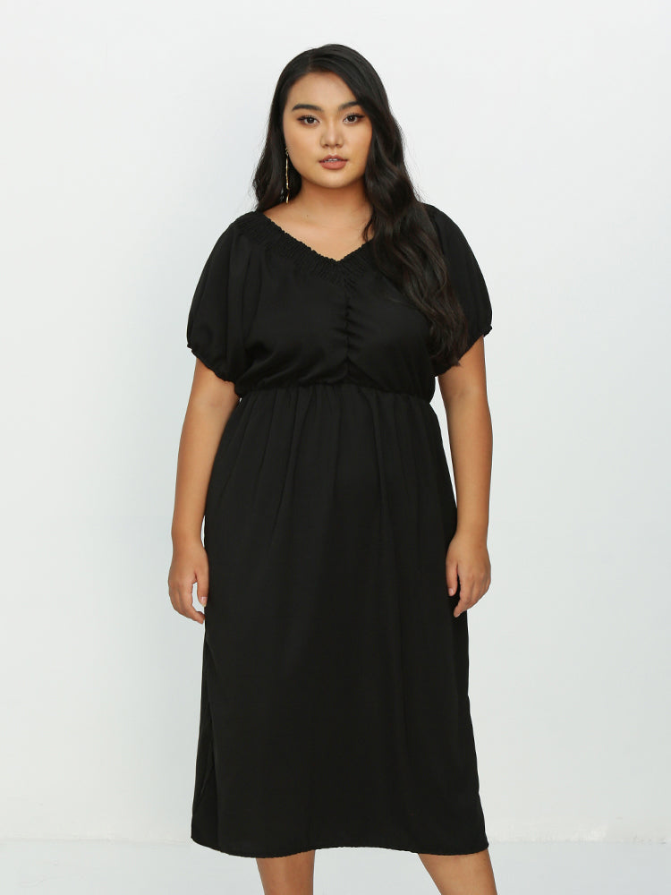 Shirred Short Sleeve Split Hem Dress