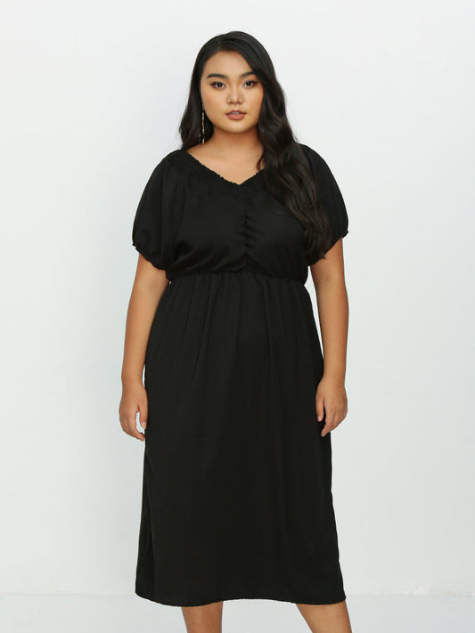 Shirred Short Sleeve Split Hem Dress