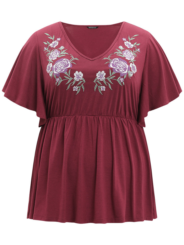 Floral Embroidered V Neck Gathered Ruffle Sleeve T-shirt
