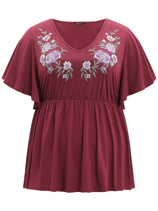 Floral Embroidered V Neck Gathered Ruffle Sleeve T-shirt