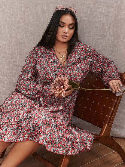 Floral V-Neck Frill Trim Teired Dress