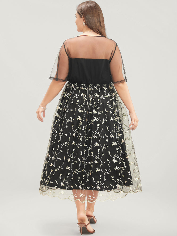 Floral Embroidered Mesh Patchwork Pocket Ruffles Dress