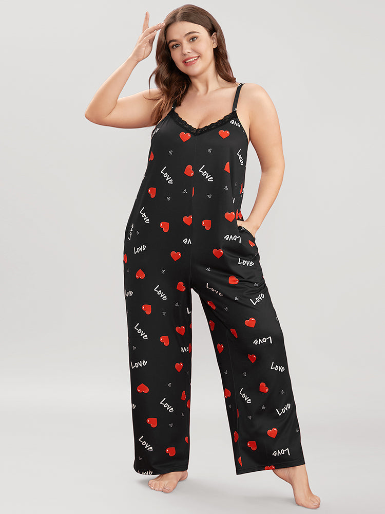 Heart & Letter Print Pocket Lace Trim Cami Jumpsuit