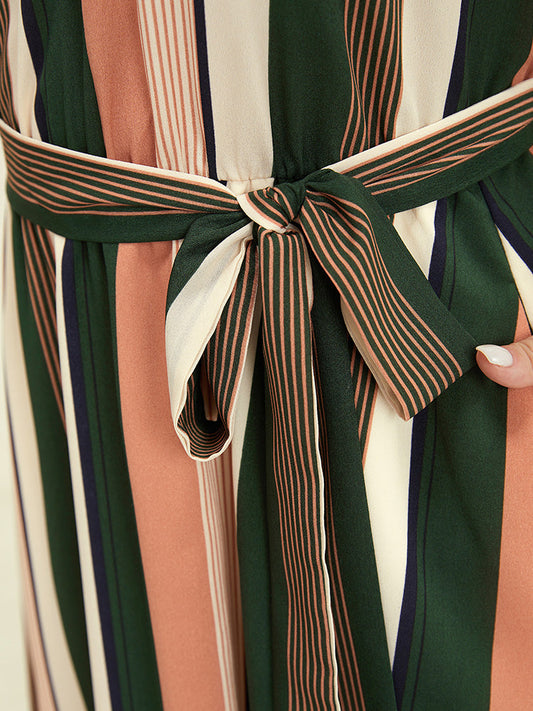 Striped Contrast Pocket Belt Arc Hem Zip Up Dress