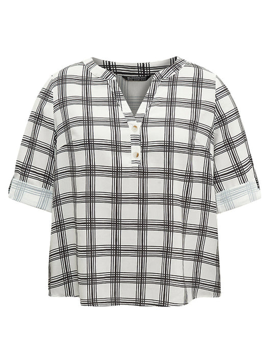 Plaid Tab Sleeve Button Up Notched Blouse