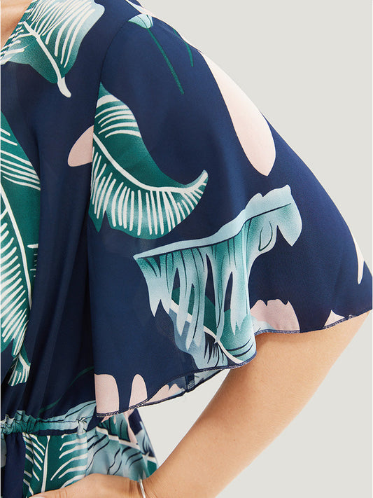 Tropical Print Ruffle Sleeve Ties Open Front Kimono