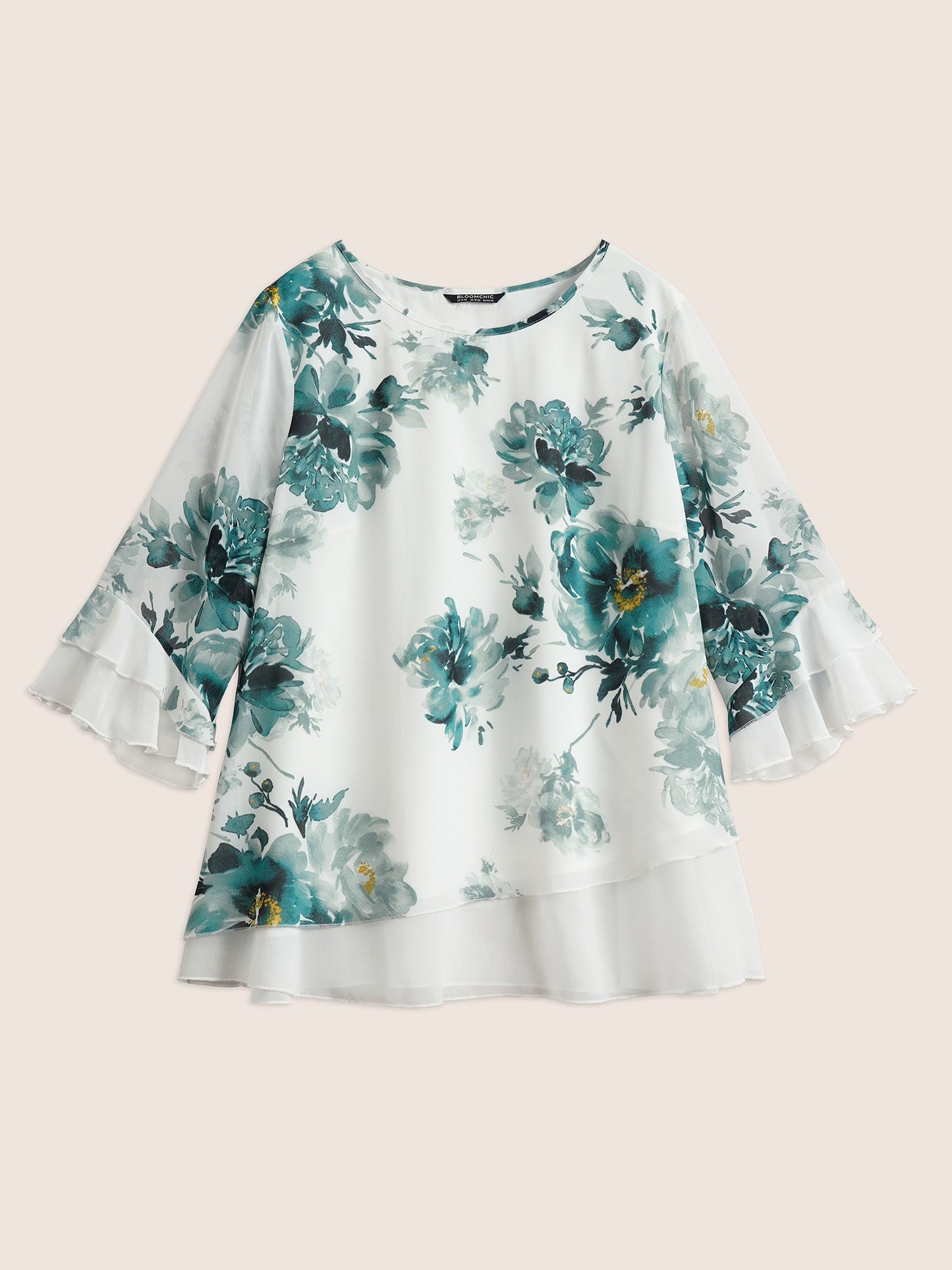 Chiffon Floral Ruffles Layered Patchwork Mesh Blouse